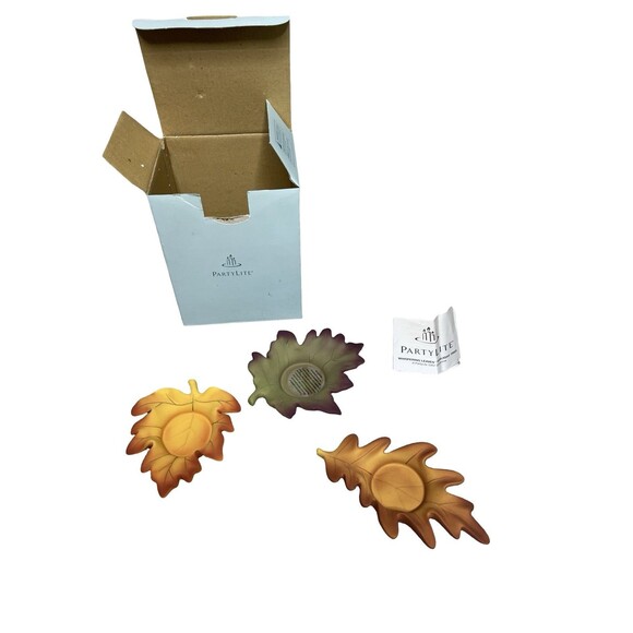 Party Lite Set of 3 Autumn Tea Lite Candle Holder Whispering Leaves Brown Orange - Picture 1 of 10